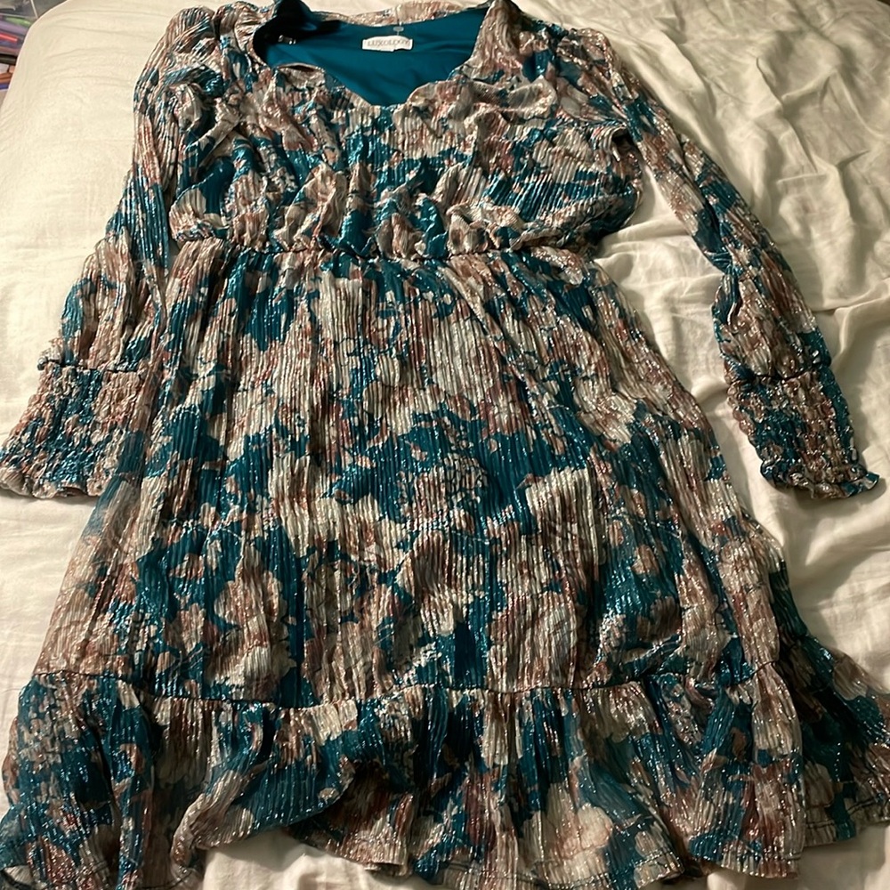 Teal With Gold Lurex Floral Dress 👗 ✨